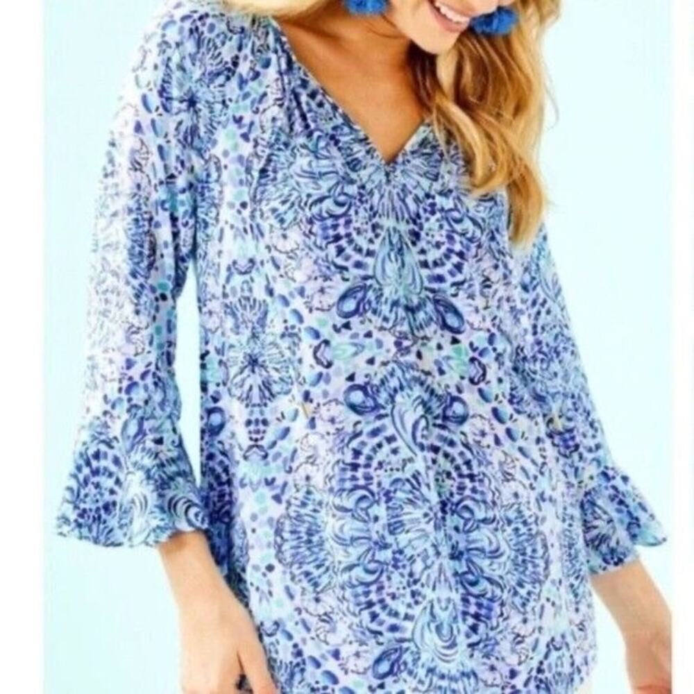 Lilly Pulitzer Willa Flounce Sleeves Top‎ Blue Women’s Size Small